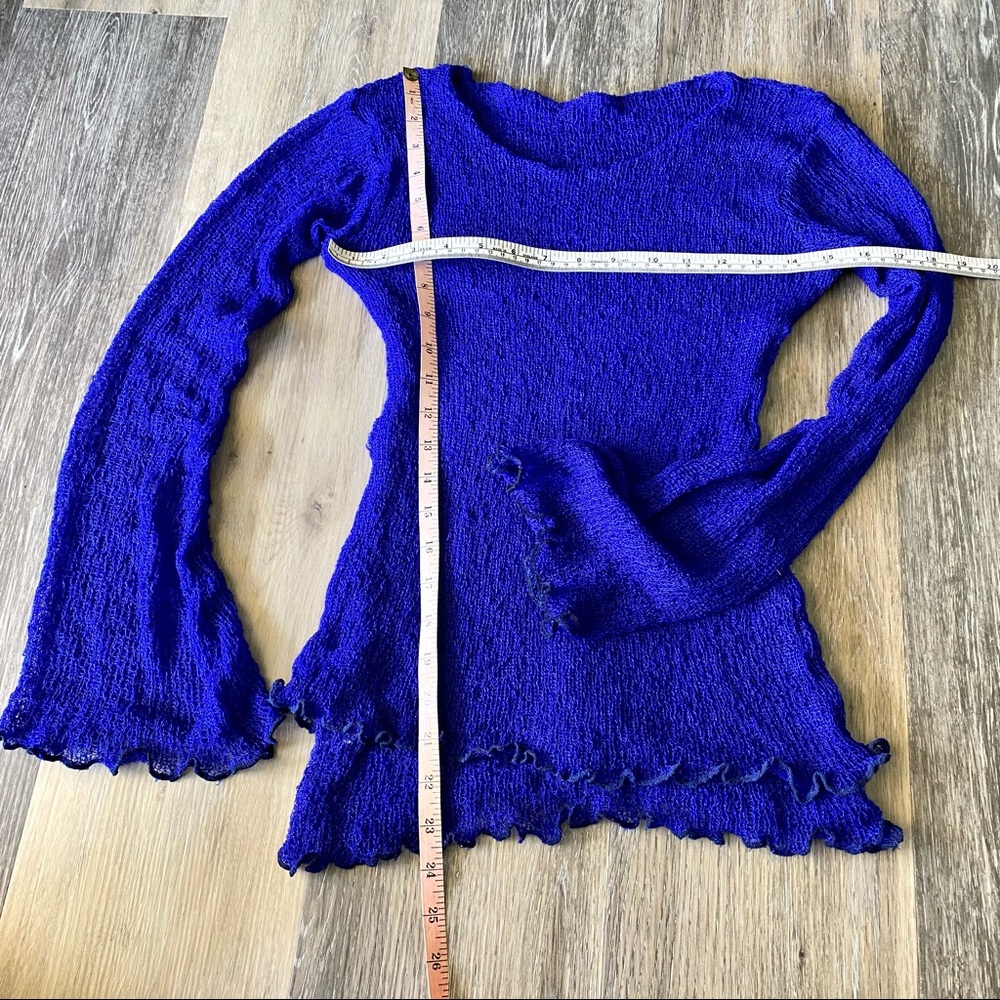 Vintage Stretchy Sheer Mesh Knit Bell Long Sleeve Layered Sweater Cobalt Blue